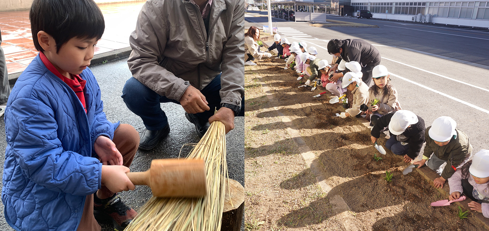 Children making shimenawa (sacred straw ropes) and flower beds