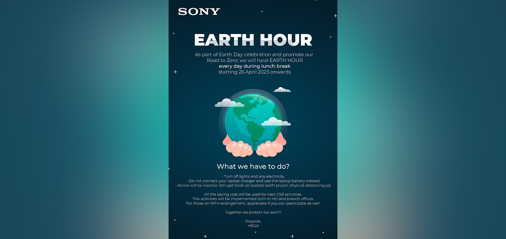 Illustration of the Earth Hour initiative, with both hands encircling the earth