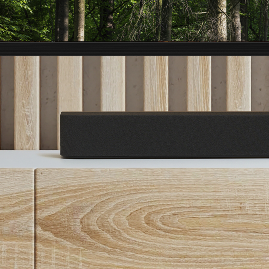 Soundbar products are placed on wooden racks.