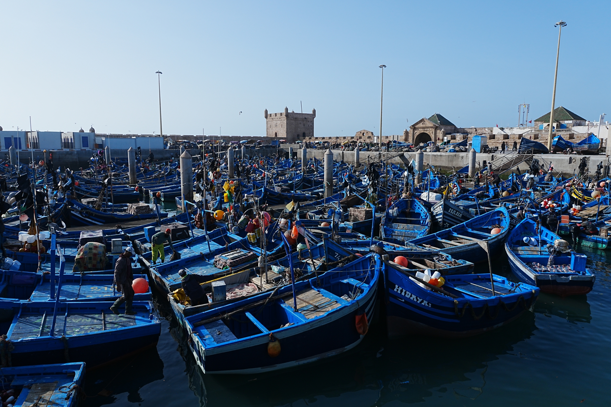 Sample image of numerous blue boats moored in the harbor, showing the resolution