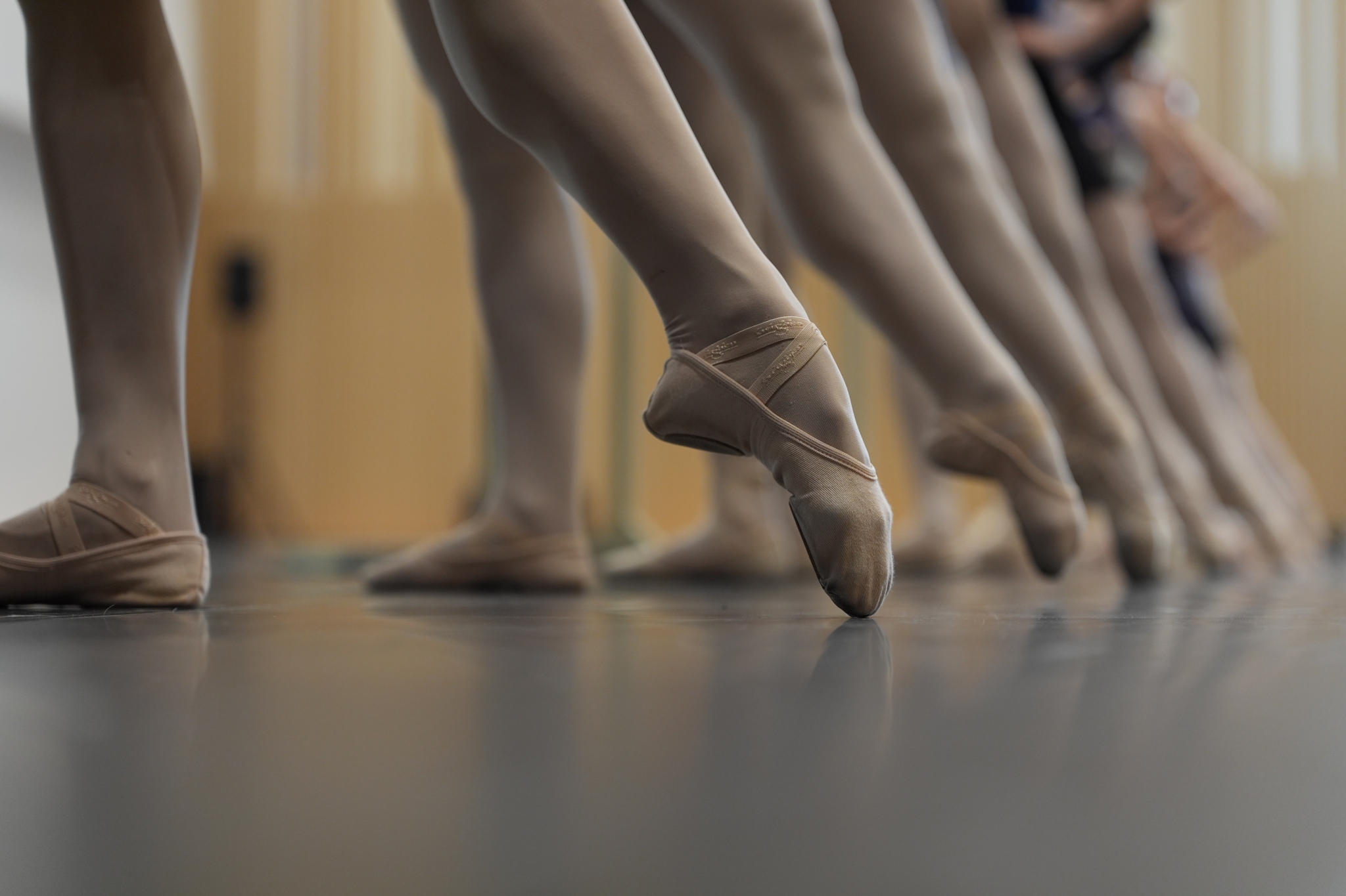 A row of ballet dancers' feet lined up, with a smooth blur expressed as the background recedes Click to open modal