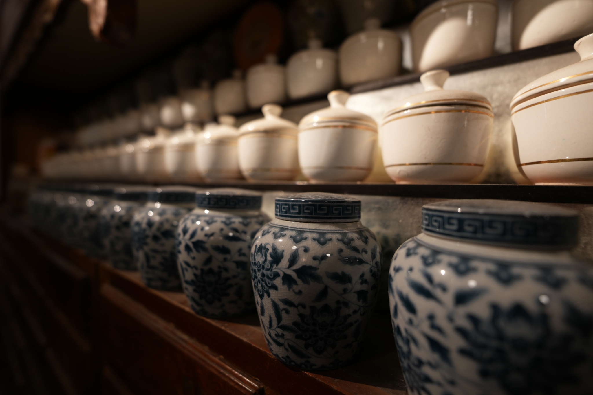 A photograph featuring numerous Chinese-style white vases adorned with beautiful blue patterns, arranged from the foreground to the background. The areas in focus are beautifully resolved, gradually softening into Bokeh. Click to open modal