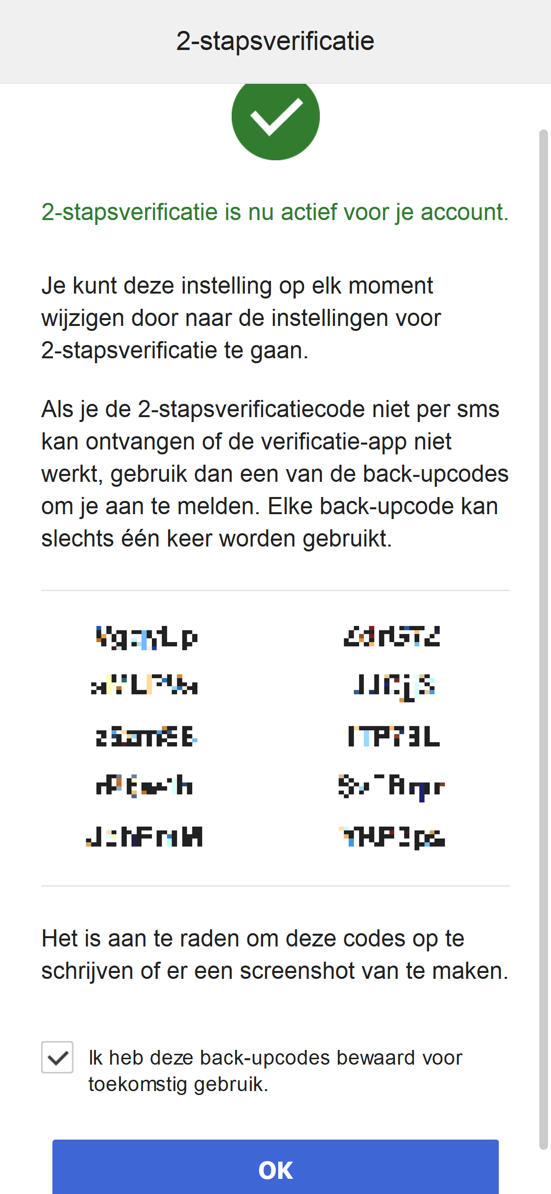 2-Step Verification Backup code view